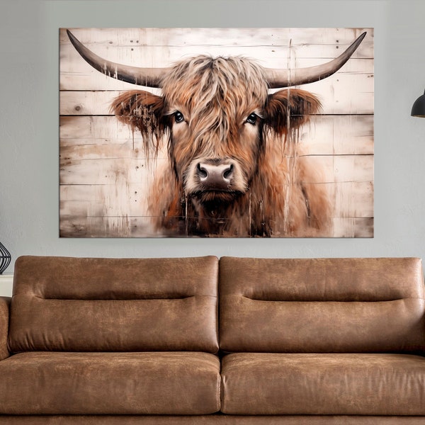Highland Cow Painting canvas print Farmhouse art Cattle Wooden background Country wall art Cow print Rustic wall art Extra Large canvas