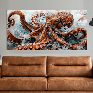 Octopus Canvas wall art Abstract Octopus Painting print Underwater Wall decor Red Octopus art Modern beach house decor Large wall art