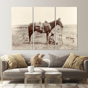 Texas cowboy canvas wall art Farmhouse decor Texas print Horse rustic wall art Western print Wrangler Large canvas art Multi panel canvas