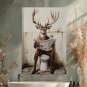 May include: A brown deer with large antlers sits on a white toilet in a bathroom, reading a newspaper. The bathroom has white tiled walls and a green floor. The deer is wearing a white shirt and black pants. The newspaper has the word "WÄTSCHWEIZ" printed on it.