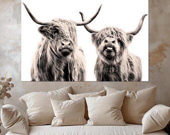 Brown Highland cow canvas wall art Farmhouse decor Sepia Cow print Rustic wall art Modern Farm canvas print Animals painting Scottish cow