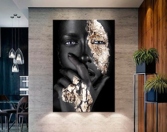 Black girl with golden makeup Fashion canvas art African print Black and gold face African American art Black Women Modern Large canvas art