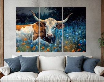 Impression d'art mural sur toile Texas Longhorn, impression de vache, décoration murale de cottage, art mural de ferme moderne, peinture de Longhorn, grande décoration murale rustique, toile de vache