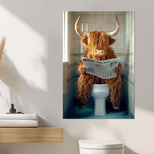 Highland cow Sitting on Toilet Reading a Newspaper canvas print Bathroom Decor Toilet humor Funny bathroom art WC decor Housewarming Gift