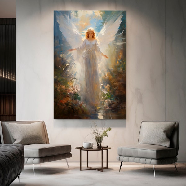 Angel painting Canvas print Religious wall art Guardian angel print Woman Angel Wings Modern art Religious decor Large wall art