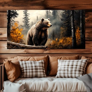 Bear in misty pine tree autumn forest Canvas wall art Grizzly Bear painting print Brown bear Large art Animals wall decor Housewarming gift