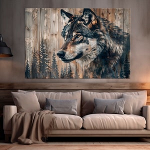 May include: A close-up of a wolf's head with a wooden background. The wolf is looking to the right and has a brown and gray coat. The background is a rustic wooden plank with a blurred image of trees in the background.