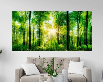 Forest print Tree wall art Sunlight forest canvas Green Tree painting Living room decor Summer forest Extra Large Wall Art