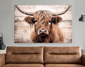 Vache des Highlands, impression sur toile, impression sur toile, art de la ferme, bovins, fond en bois, art mural champêtre, impression de vache, art mural rustique, toile extra large