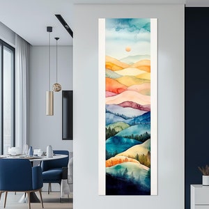 Vertical watercolor painting ptint Mountain canvas Tall narrow wall art Colorful decor Abstract Nature Skinny art Large Housewarming gift