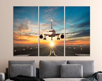 Airplane Landing Picture Sunset Lights 5 Panel Canvas Print Wall Home Poster