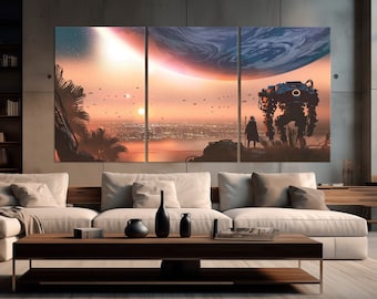 Man with robot canvas wall art Sci-fi print Fantastic art Aliens planet print Futuristic landscape Space journey wall art Game room decor