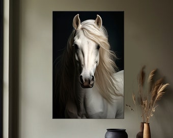 Art mural en toile cheval blanc, décoration de ferme, impression de cheval, peinture originale, art mural moderne, portrait de cheval, art mural extra large, animal