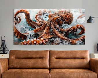 Abstract Red Octopus Canvas Print: Underwater Ocean Wall Art, Beach House Decor