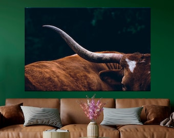 Impression sur toile vache Texas Longhorn, art mural ferme