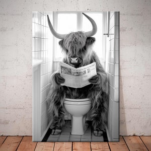 Highland cow Sitting on the Toilet Reading Newspaper canvas print Bathroom Decor Toilet humor Funny bathroom art WC decor Housewarming Gift