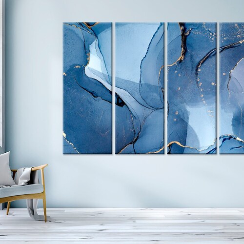 Navy Blue Marble Wall Art Abstract Canvas Print Contemporary Etsy