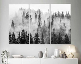 Foggy Forest Canvas Wall Art, Scandinavian Landscape Print, Black White Trees Decor