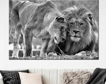 Lion Family Canvas Art, Black and White Love Print
