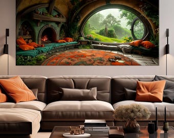 Fantasy canvas wall art Fantasy Hole Painting print Middle earth Fantasy house Book lover gift Forest landscape Large art Housewarming gift