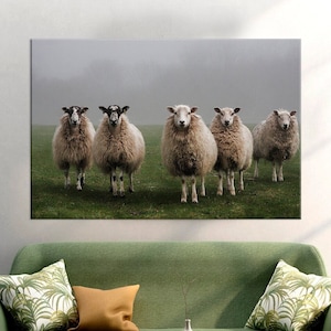 Sheep canvas wall art Animals Print Rustic decor Farm wall art Foggy landscape Sheep gifts Sheep painting Large canvas art