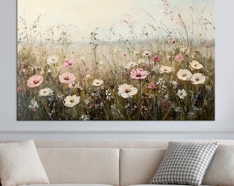 Wildflower Meadow Landscape Canvas Art, Vintage Impressionism Painting Print