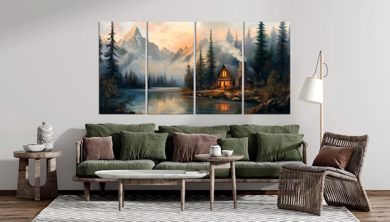 Rustic Cabin Forest Landscape Canvas Art – Cozy Woodland Mountain River ...