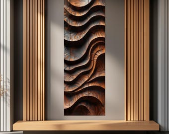 May include: A vertical wooden wall art piece with a wavy, textured design. The artwork features a blend of brown, orange, and gray tones, creating a sense of depth and movement. The piece is mounted on a neutral-colored wall, enhancing its visual impact.