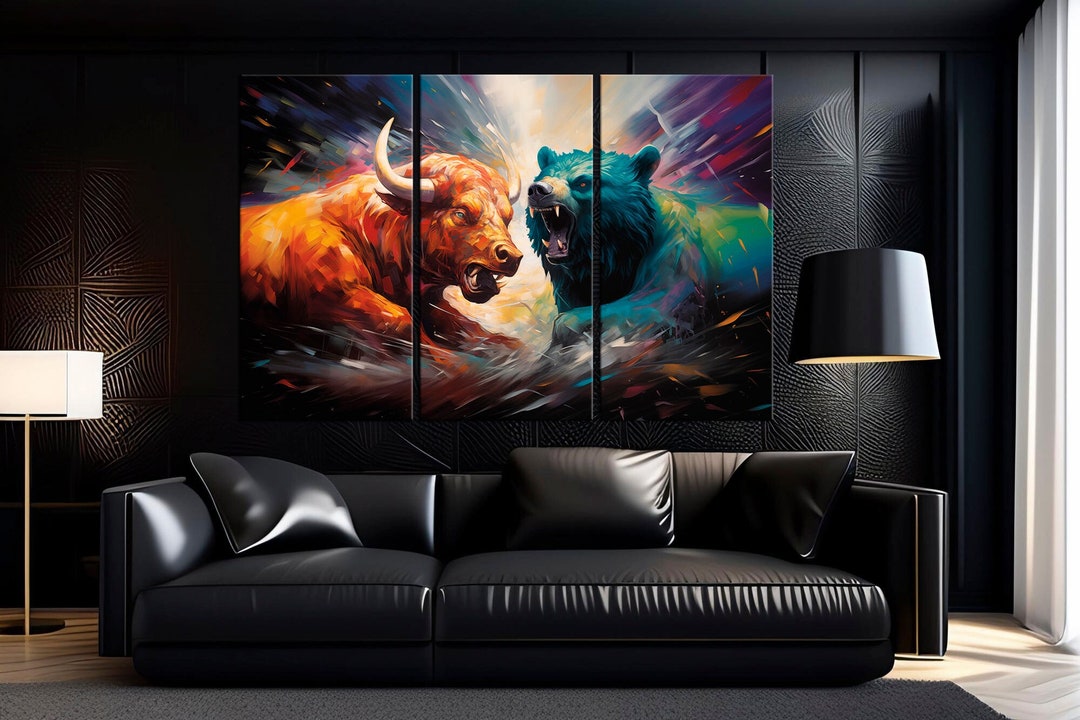 Bull Bear Canvas Wall Art Stock Market Print Modern Painting Etsy