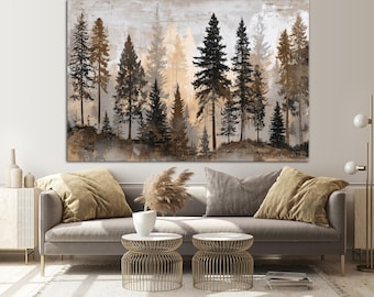 Moody Forest Large Canvas Wall Art, Minimalist Pine Trees Landscape Print (Ready to Hang)