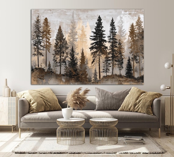 Moody forest large canvas wall art print Apartment decor Pine trees print Landscape minimalist art prints Above couch art