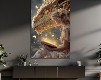 Girl dragon magic book large canvas wall art print Library decor Fantasy wall art Girly dragon art prints