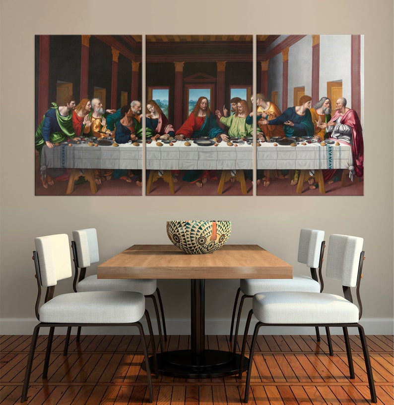 May include: A three-panel canvas print depicting Leonardo da Vinci's The Last Supper. The painting shows Jesus and his disciples gathered around a table, with a window in the background.
