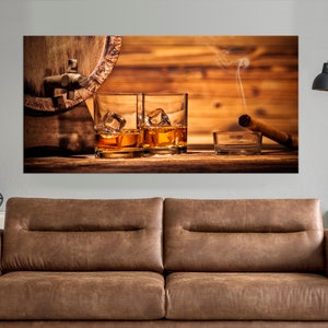 Whiskey and Cigar canvas wall art Alcohol drink print Man Cave Decor Whiskey barrel Bar wall art Cigar Room decor Whiskey canvas print