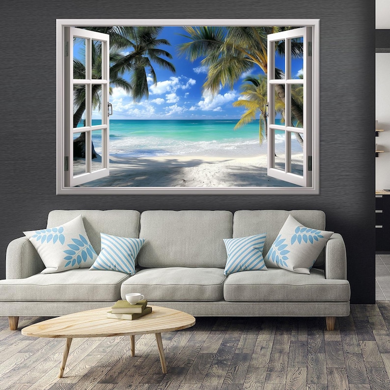 Beach Window Canvas Wall Art: Tropical Ocean View Print Coastal Decor ...