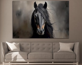 Black horse large canvas wall art print Dark academia decor Animal horse art Farmhouse decor Wildlife art Horse print Animal wall art