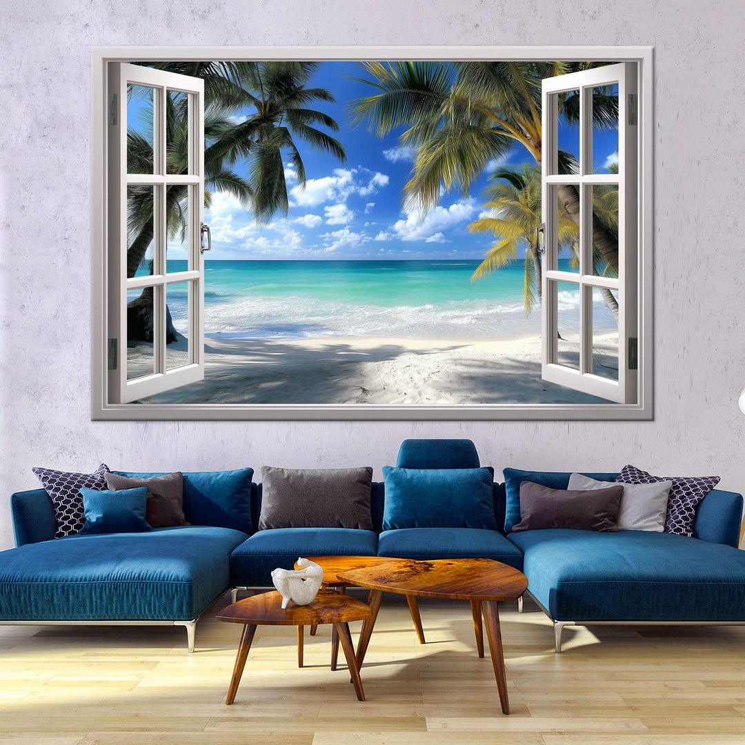 Beach Window Canvas Wall Art: Tropical Ocean View Print Coastal Decor ...