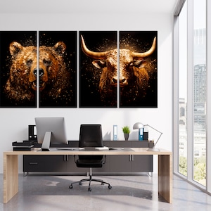 Bull Bear Canvas Wall Art: Stock Market Print, Office Decor, Finance Art Set of 4 Panels