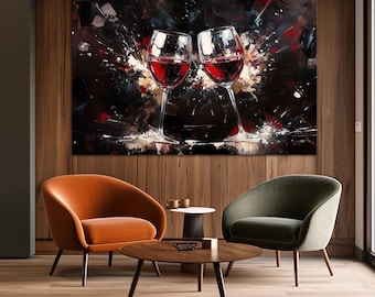 Red wine glasses large canvas wall art print Kitchen decor Wine glass print Bar art Wine lover art Anniversary gift