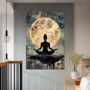 May include: A silhouette of a person sitting in a yoga pose in front of a large, full moon. The background is a textured, blue and brown abstract design.