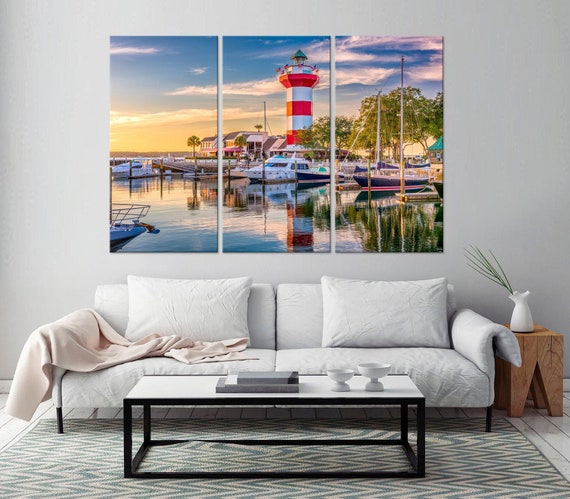 Lighthouse canvas wall art Hilton Head South Carolina print Boats on the dock Harbor Town Living room decor Large wall art Housewarming gift