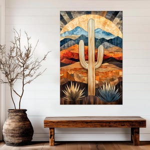 Arizona desert cactus canvas wall art Cactus Painting PRINT Mosaic art Southwestern wall decor Arizona mountain sunset Housewarming gift