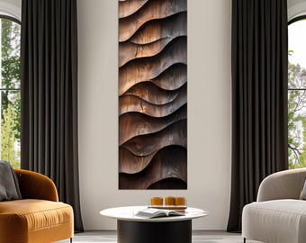 May include: A vertical wooden wall art piece with a wave-like pattern. The artwork features a dark brown color with lighter brown highlights, creating a textured, three-dimensional effect. The piece is displayed in a modern living room setting.
