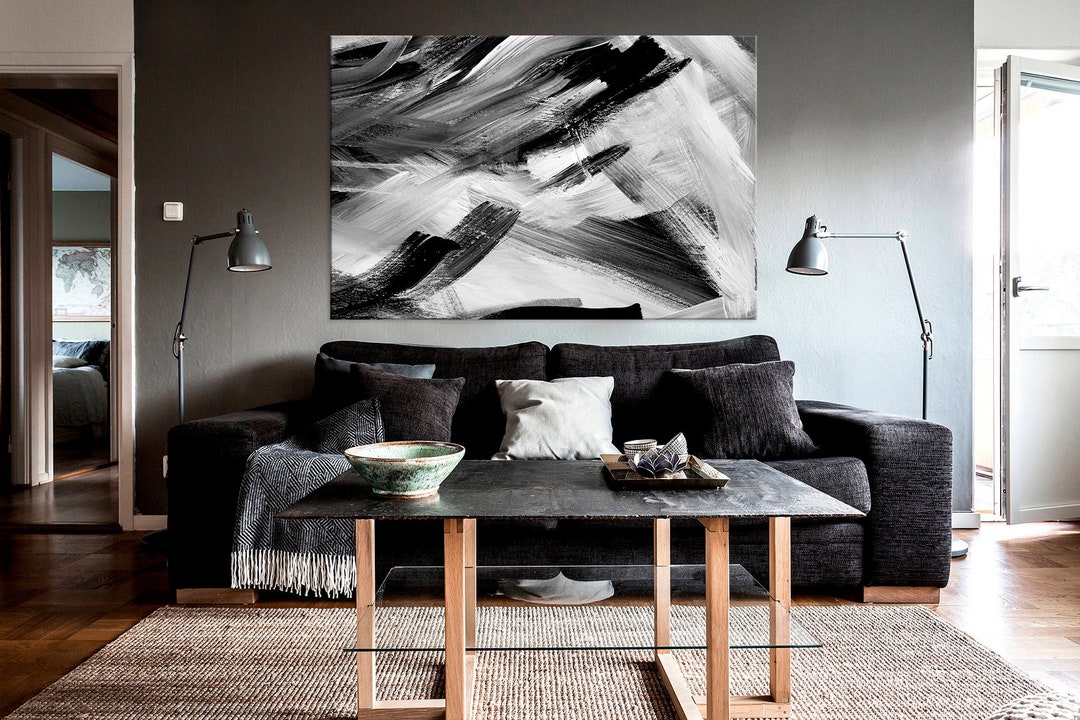 Abstract Canvas Wall Art Black White Print Brush Strokes Abstract Print ...