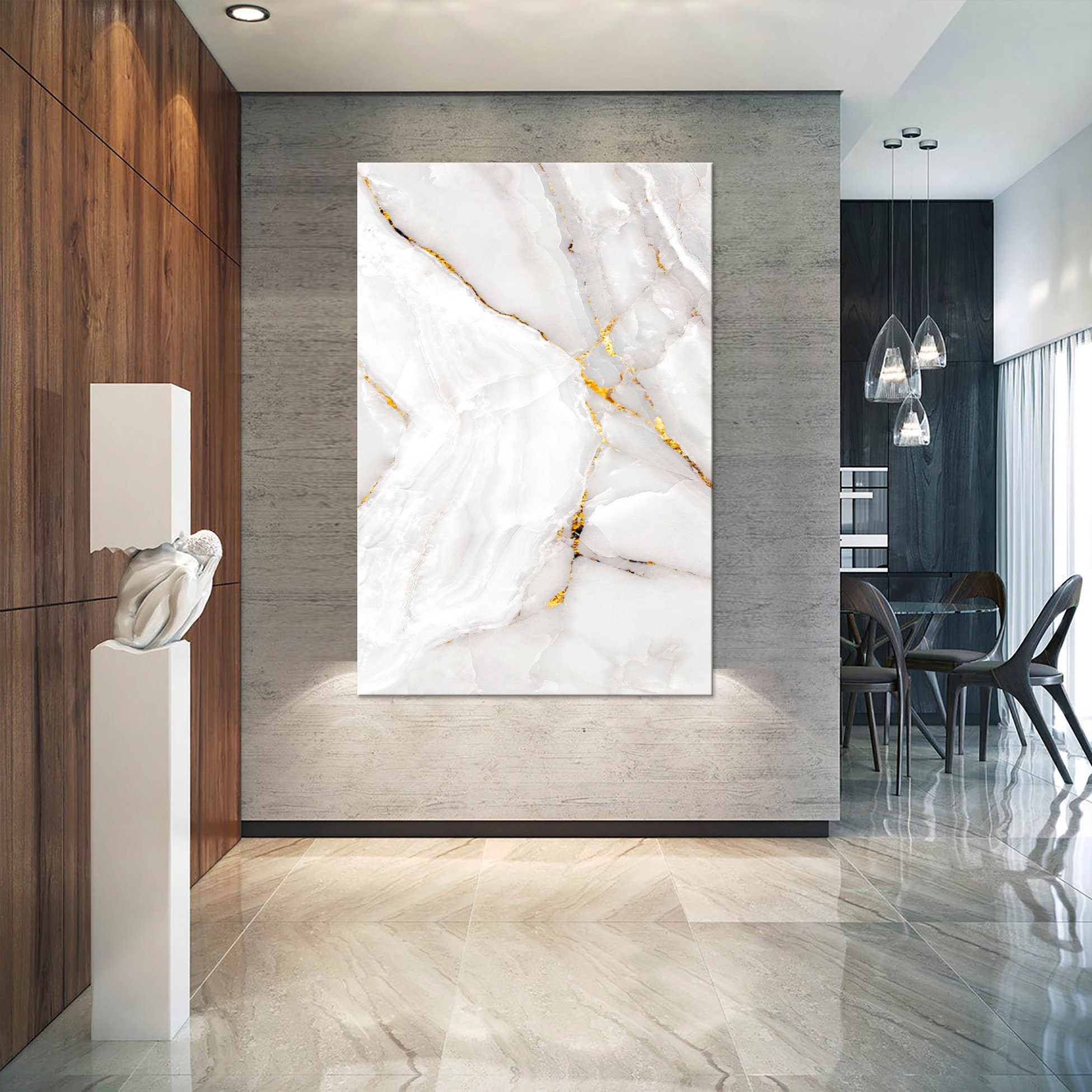 White Gold Marble Canvas print Abstract wall art Modern living Etsy