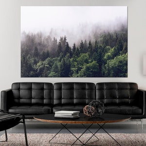 May include: A photograph of a misty forest with tall green trees. The forest is in the background of a living room with a black leather sofa, a round coffee table, and a floor lamp.