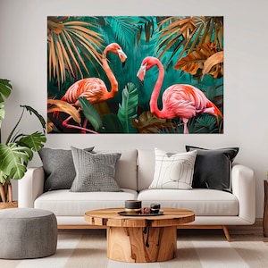 Tropical canvas wall art Flamingo print Jungle wall decor Pink Flamingo painting Tropical leaves Palm trees Flamingo Large Tropical Decor