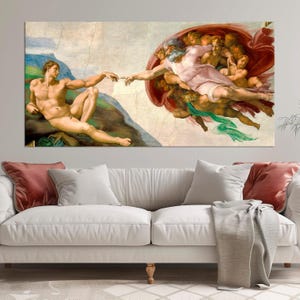 Impression sur toile Création d&#39;Adam de Michel-Ange Art mural religieux vintage Décoration murale Reproduction d&#39;art de la Renaissance Peinture de Michel-Ange