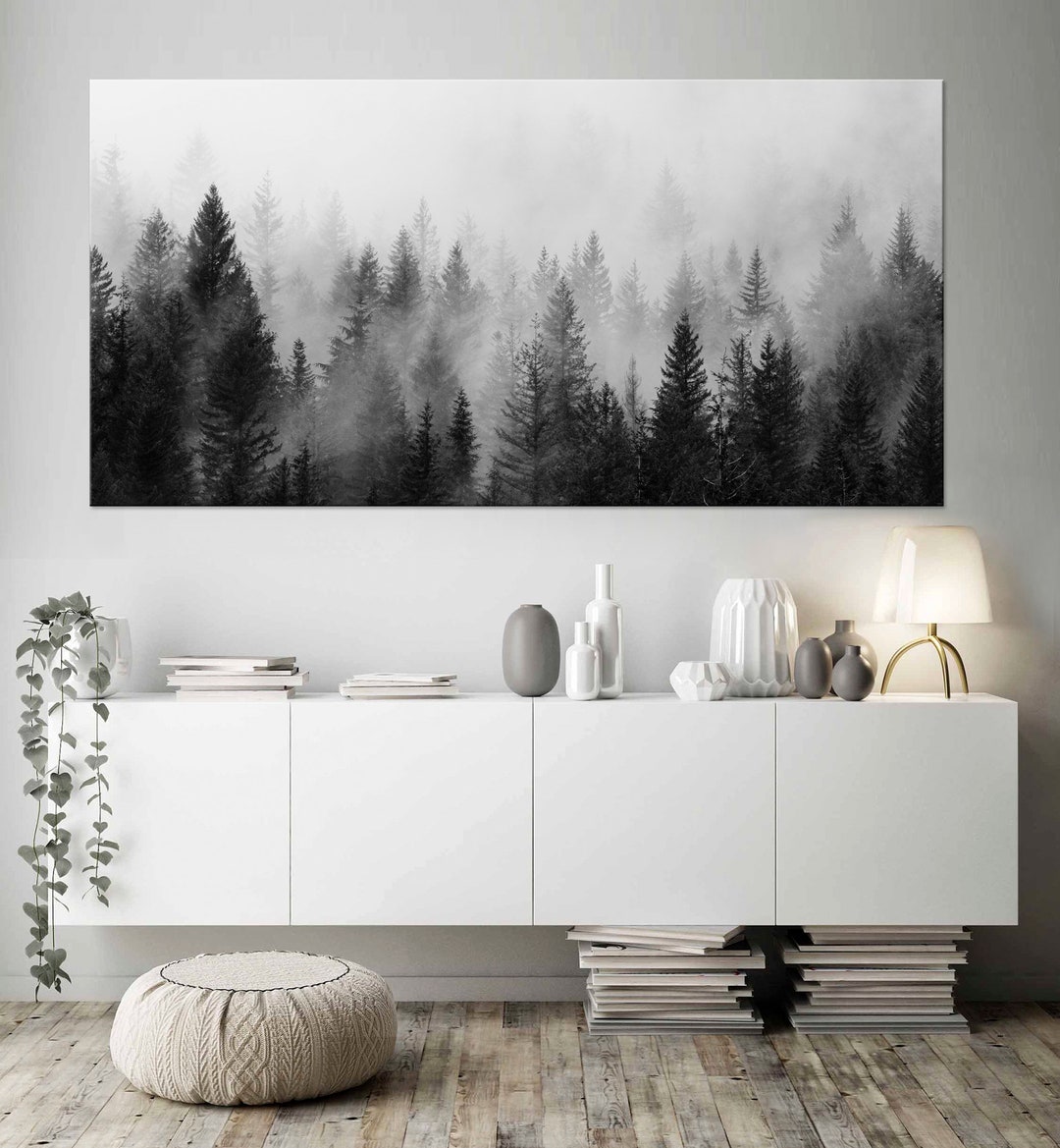 Forest Canvas Print Black White Scandinavian Art Nordic Landscape Foggy ...