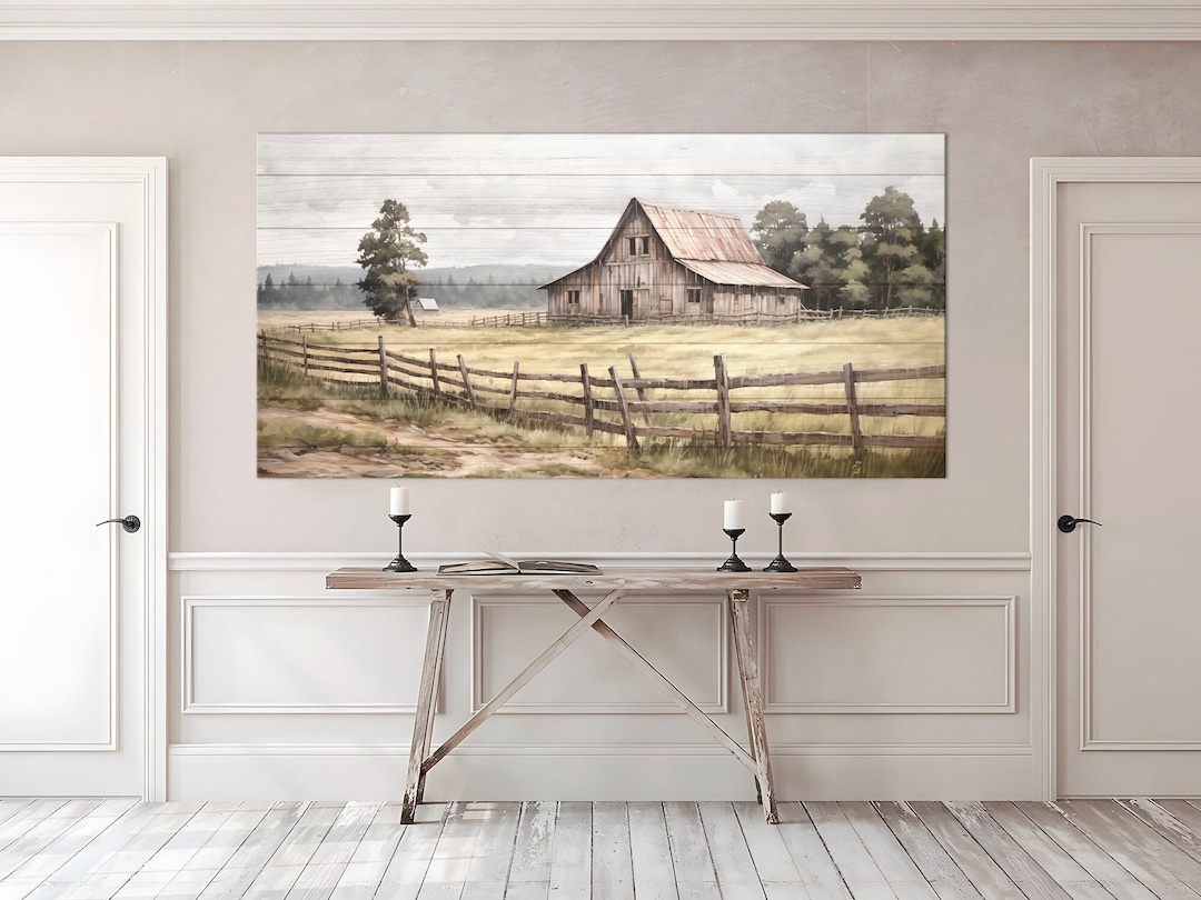 Farmhouse Wall Decor Old Barn Painting Canvas Print Wood Background